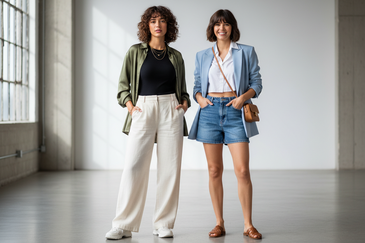 dvi moterys su kelnem ir šortais